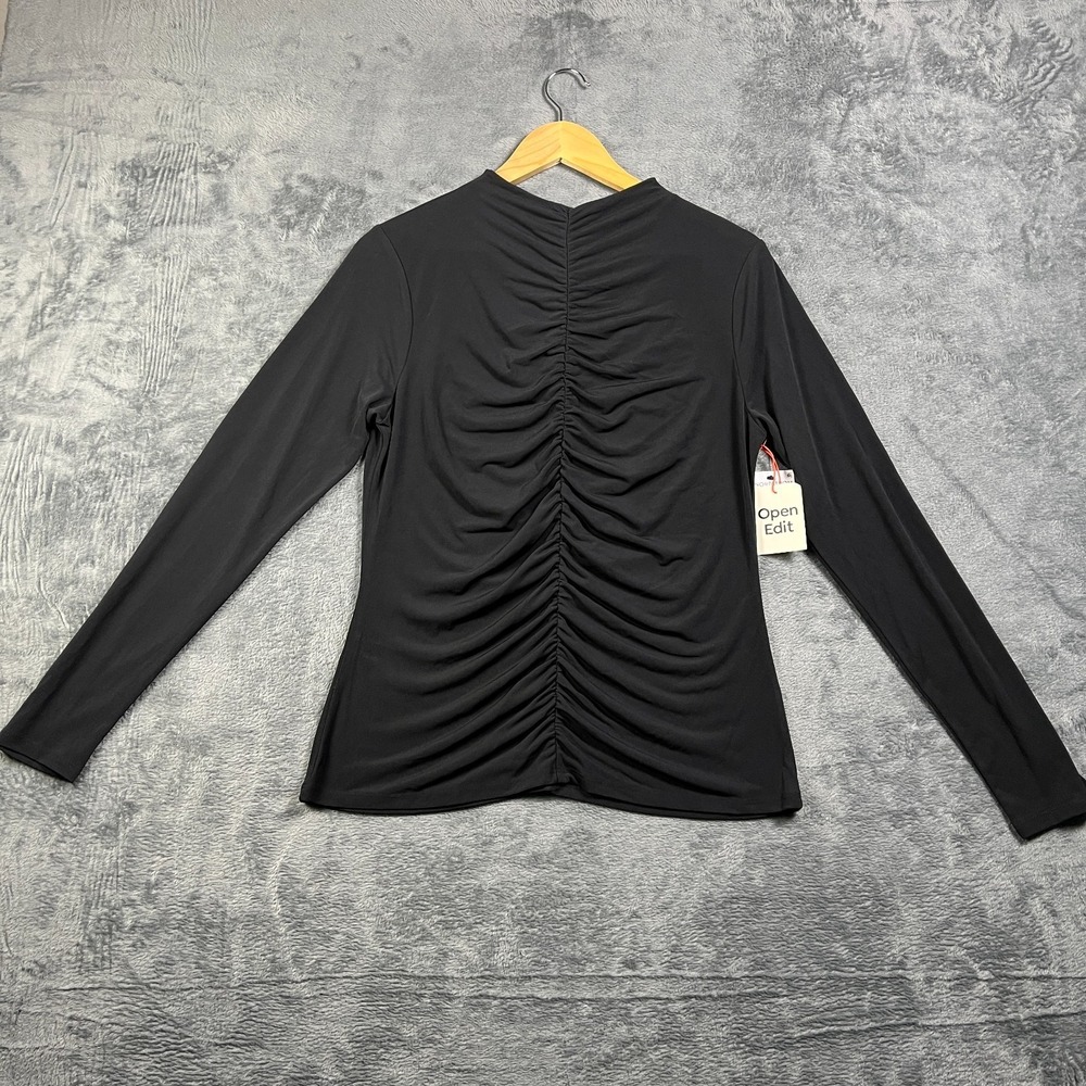 Open Edit Top Womens XL Black Gathered Ruched Front Long Sleeve Keyhole Back